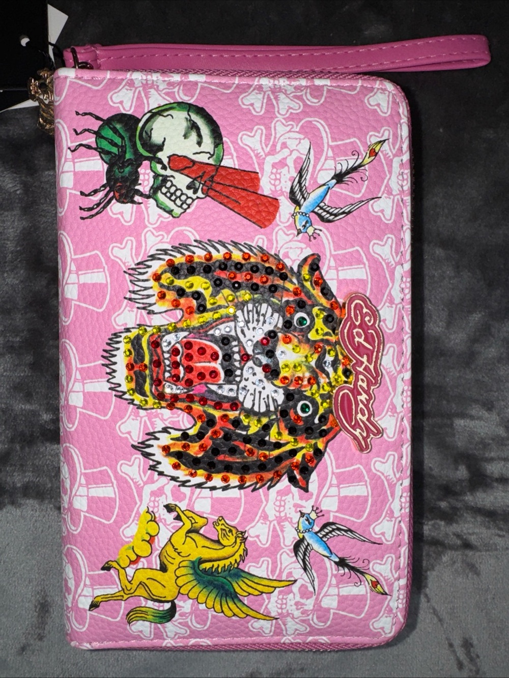 Ed Hardy Pink Dual Compartment Wallet Double Zipper Wristlet Vegan Leather